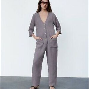 NWT Zara Gray Linen Utility Jumpsuit
